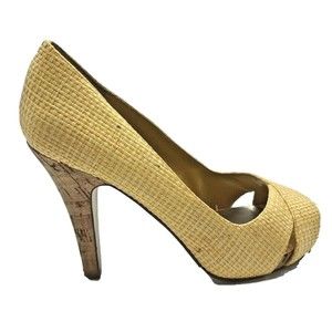 Nine West Jacero Yellow Woven Raffia Peep Toe Slip On Cork Platform Heels SZ 7.5